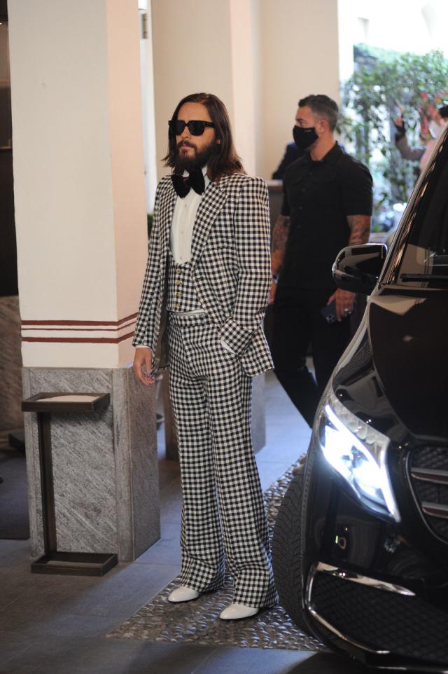 Jared Leto Attends Gucci's Fashion Show Three-Piece Suit and White Patent Leather Shoes