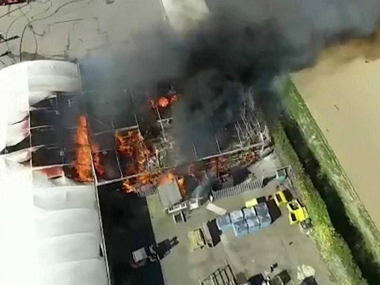 Drone footage shows the large blaze at a garden centre and pet shop in Lincolnshire on Sunday: Lincolnshire Police / SWNS.COM