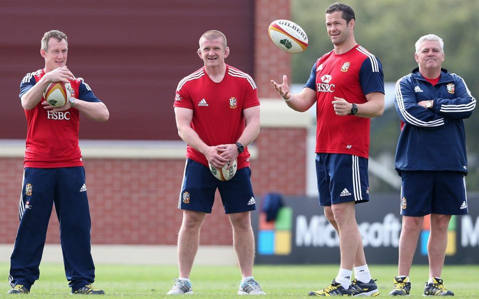 Rob Howley, Graham Rowntree, Andy Farrell and Warren Gatland look on during the British and Irish Lions captain's run in Brisbane in 2013