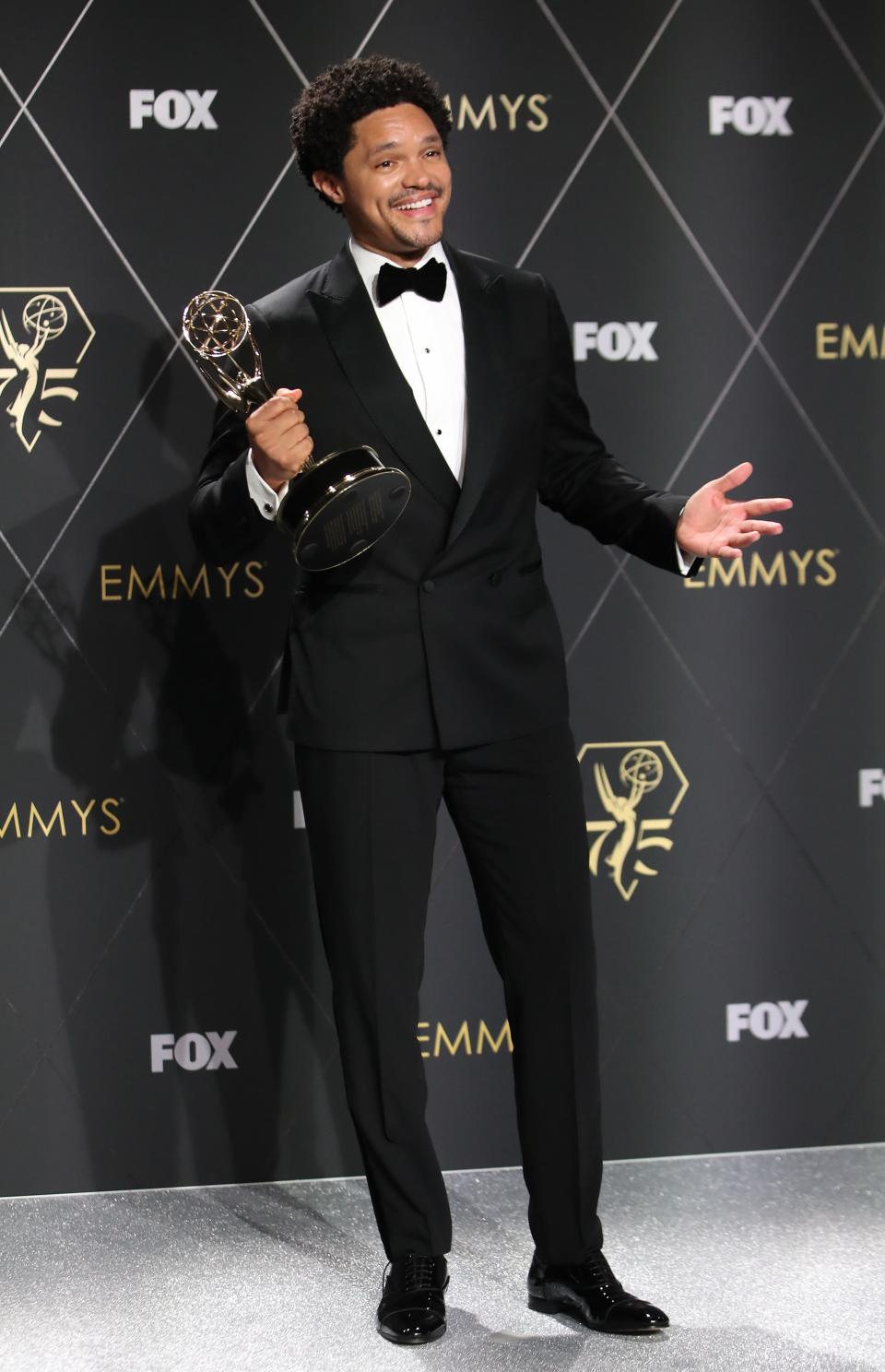 Trevor Noah, winner of Outstanding Talk Series for "The Daily Show With Trevor Noah," at the 75th Emmy Awards at the Peacock Theater in Los Angeles on Monday.