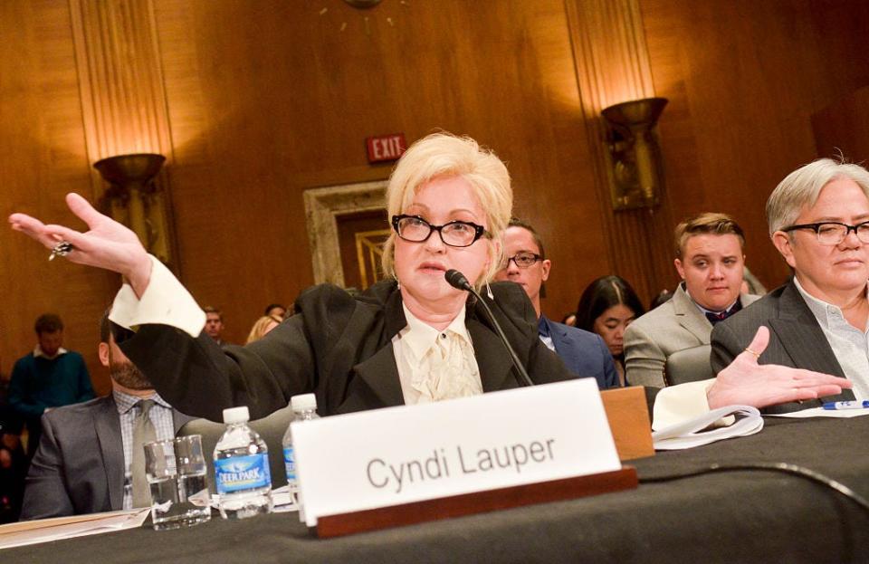 Cyndi Lauper speaks at a congressional hearing