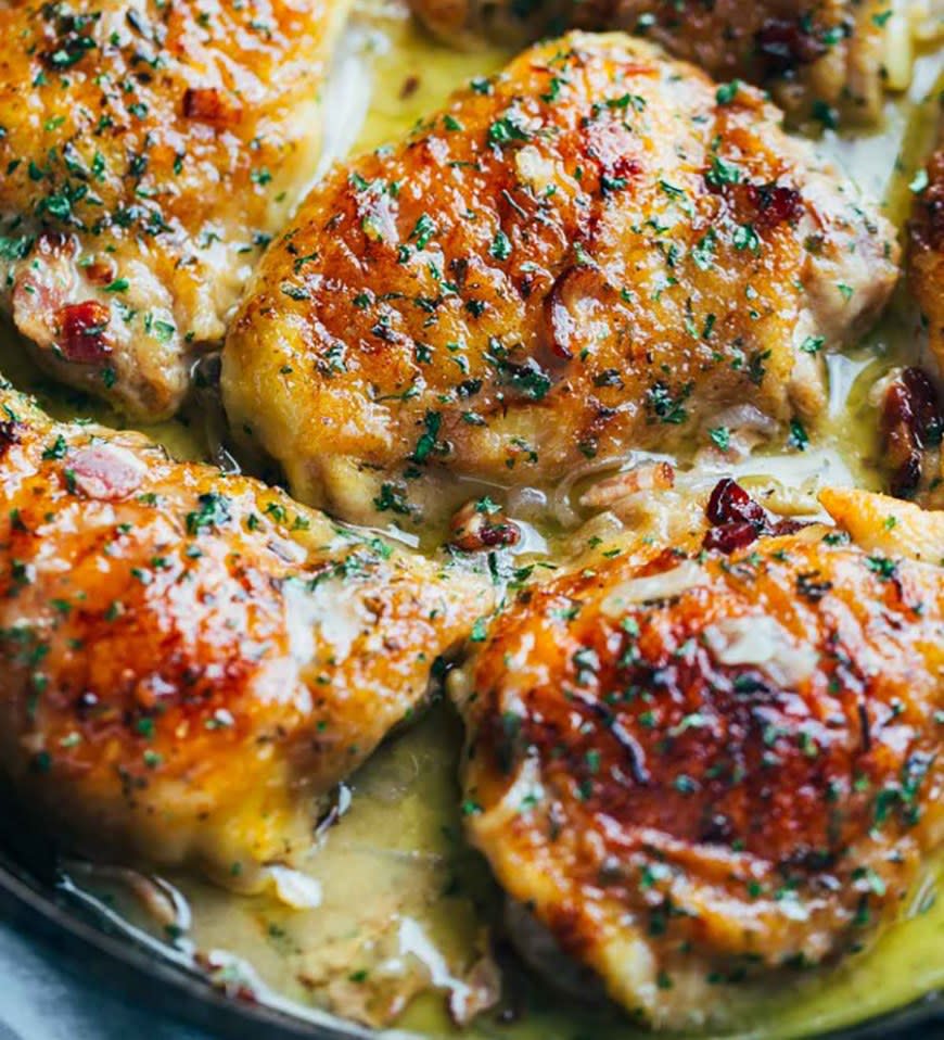 Skillet Chicken With Bacon and White Wine Sauce from Pinch of Yum