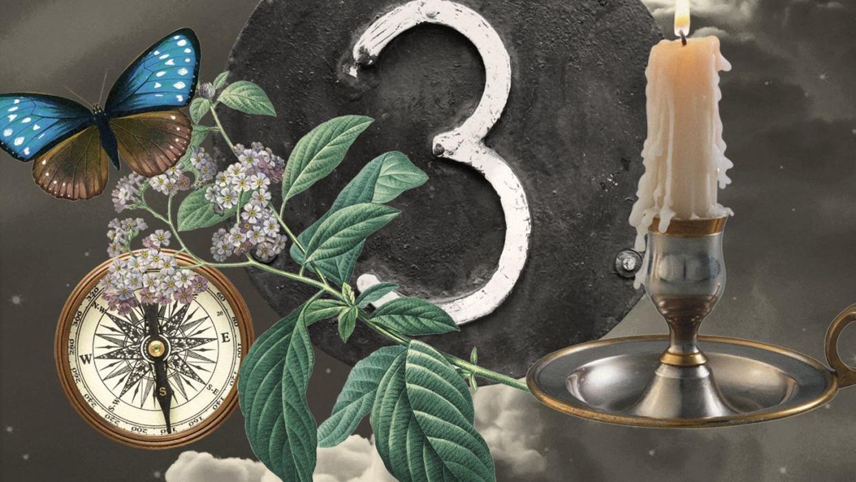 a collage of the number three, candle, butterfly, and a compass