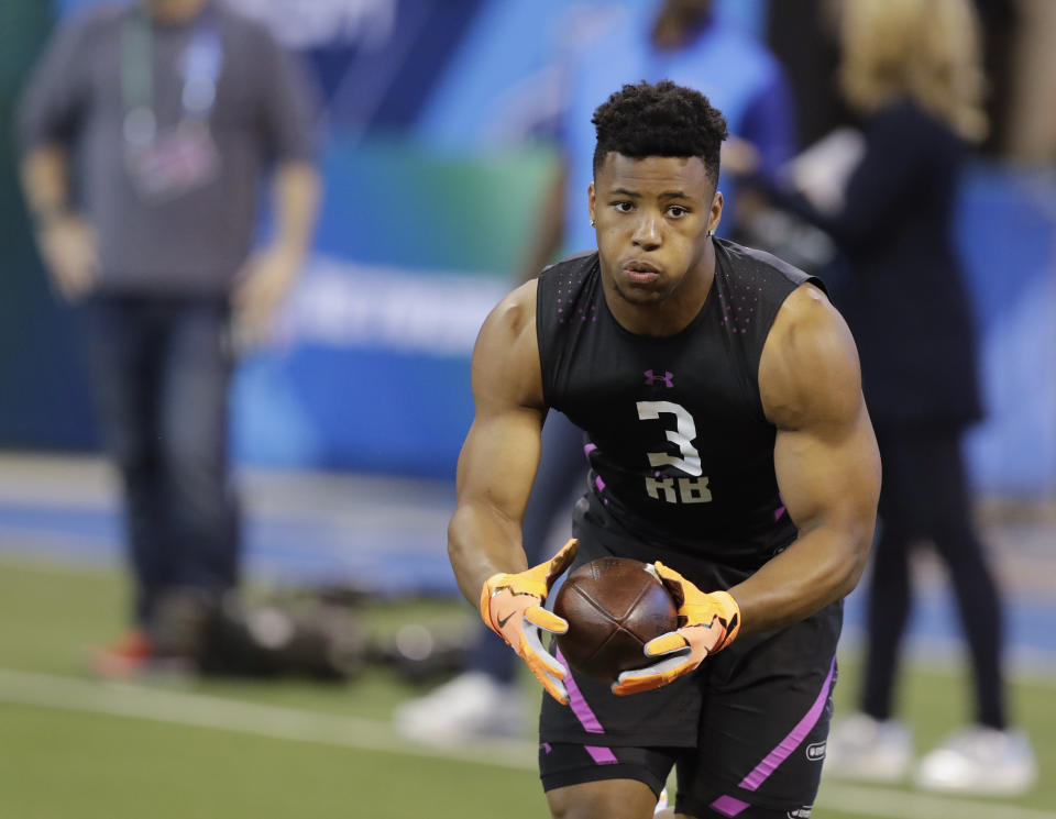 Penn State running back Saquon Barkley's chances of going to the Browns seemed to diminish with the team signing Carlos Hyde. (AP)