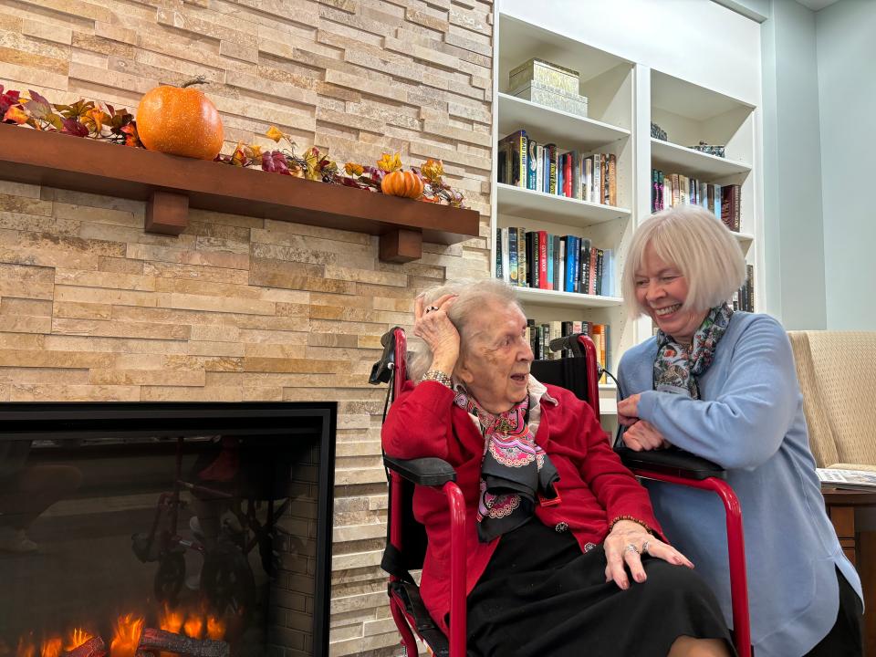 Marion Cronin and her daughter, Dianne Ryan, celebrate her being awarded the Boston Post Cane by Rye officials on Friday, Nov. 10, 2023.