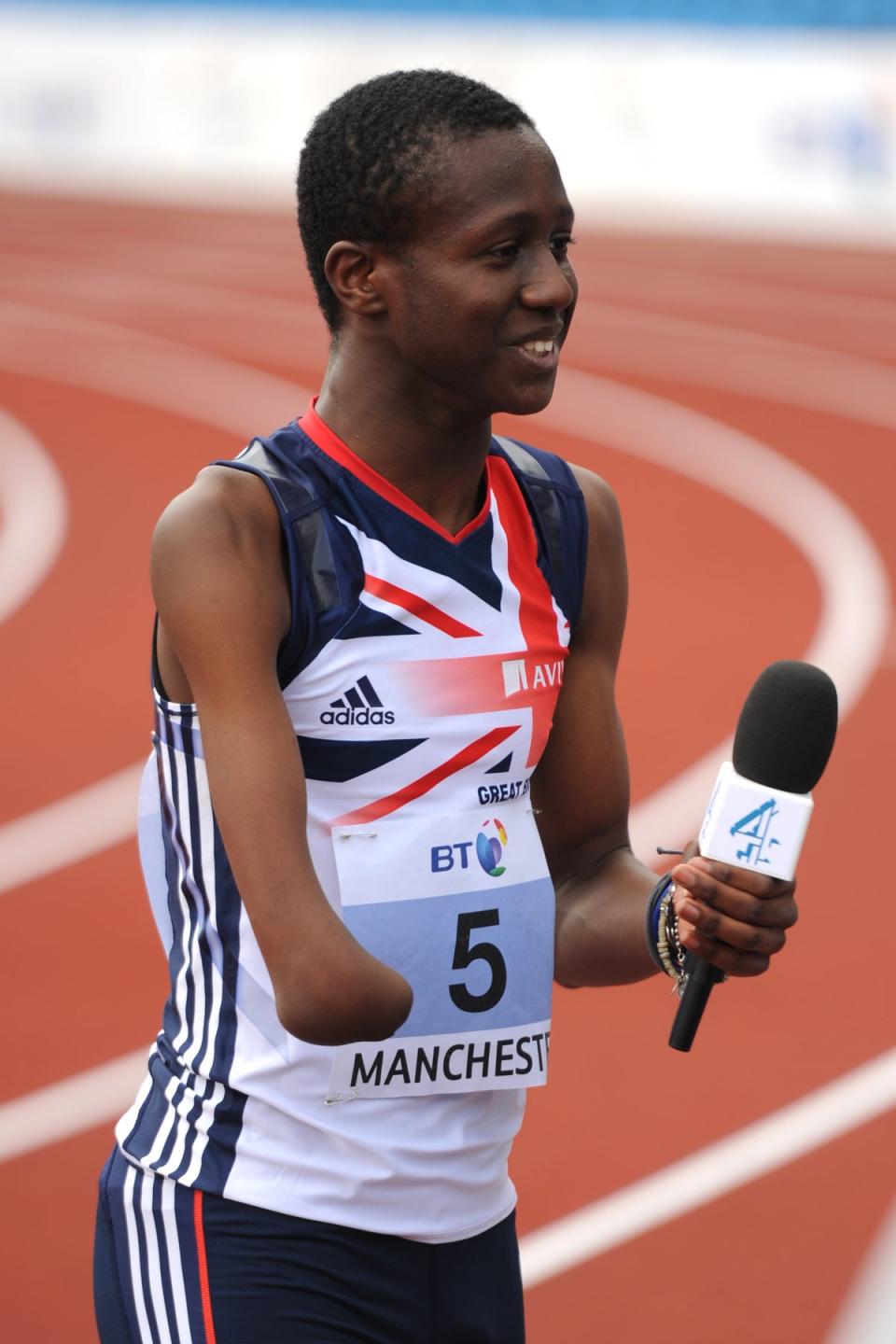 Great Britain’s Ola Abidogun is interviewed by Channel 4 after winning the Men’s T46 200m (Andrew Matthews/PA) (PA Archive)