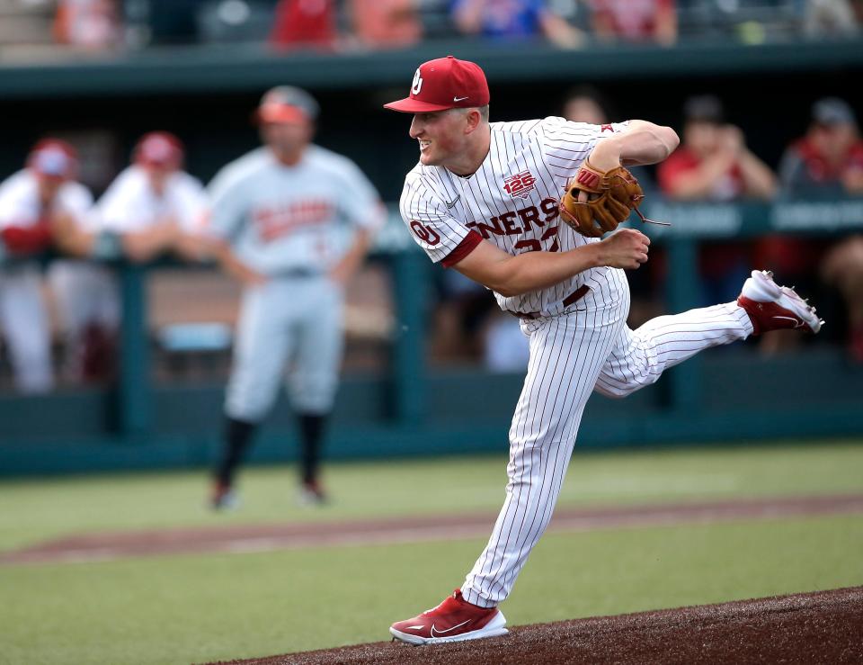 OU's Braxton Douthit threw 109 pitches in a complete game, striking out seven batters while giving up four base hits.