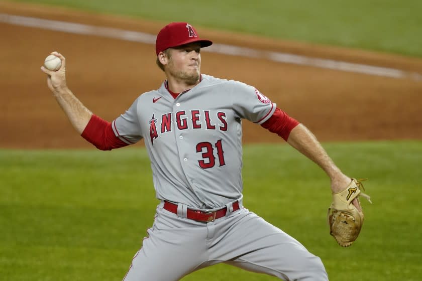 Ty Buttrey pitches for the Angels against the Texas Rangers on Sept. 10, 2020.