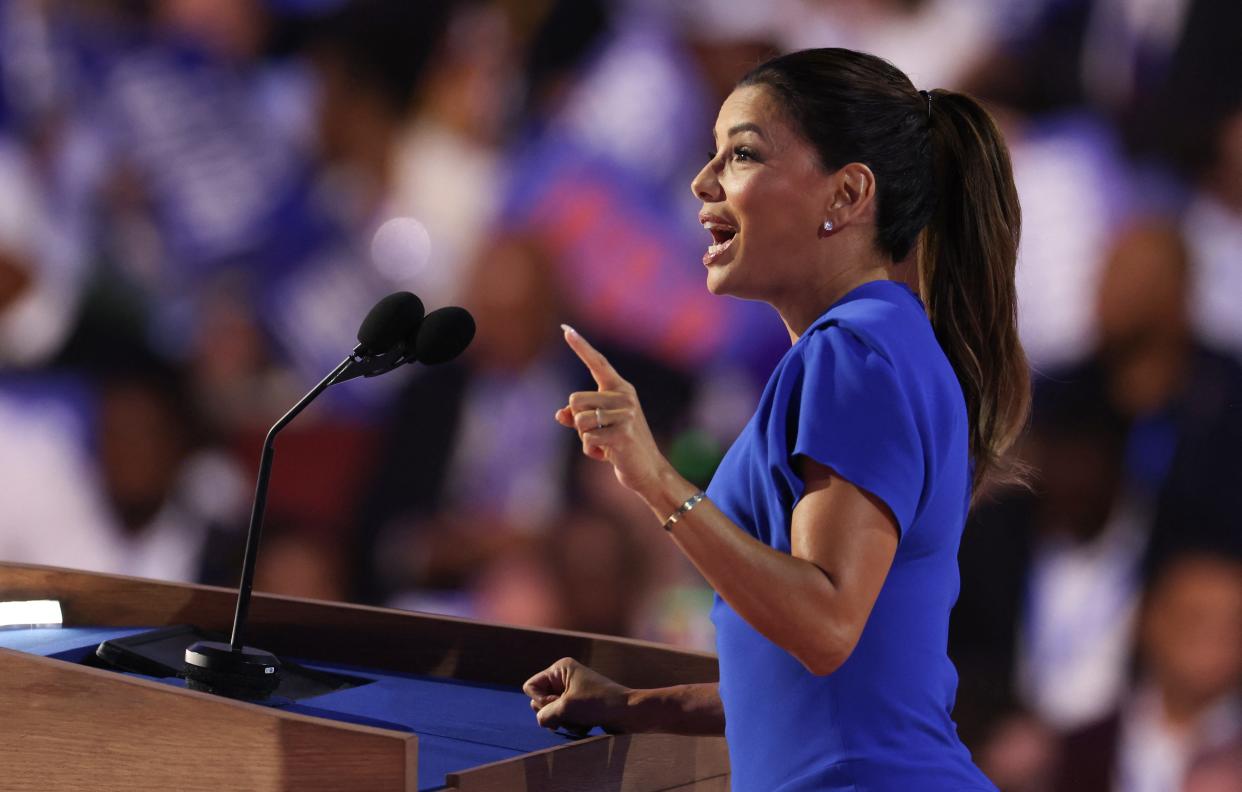 Actress Eva Longoria speaks on the fourth and last day of the Democratic National Convention (DNC) at the United Center in Chicago, Illinois, on August 22, 2024.