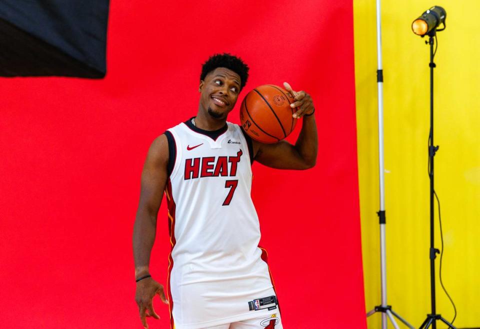 Miami Heat guard Kyle Lowry (7) poses for portraits to Miami Herald photographer Matias J. Ocner during the NBA basketball team’s media day at the Kaseya Center on Monday, Oct. 2, 2023, in Miami, Florida.