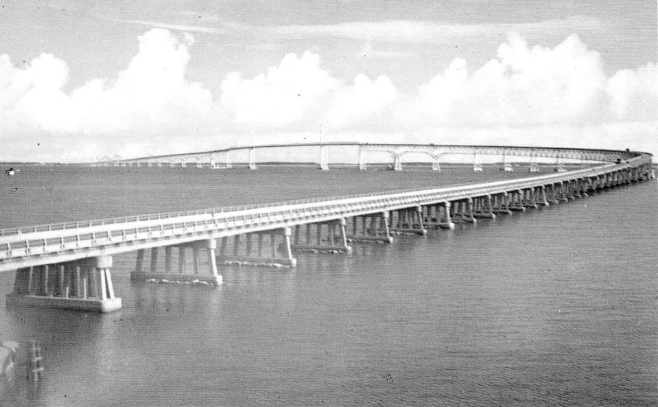 The Chesapeake Bay Bridge, connecting the eastern and western shores of Maryland was completed in 1952. Length of the suspension span is 2,922 feet and the roadway is about 200 feet above water at the highest point.