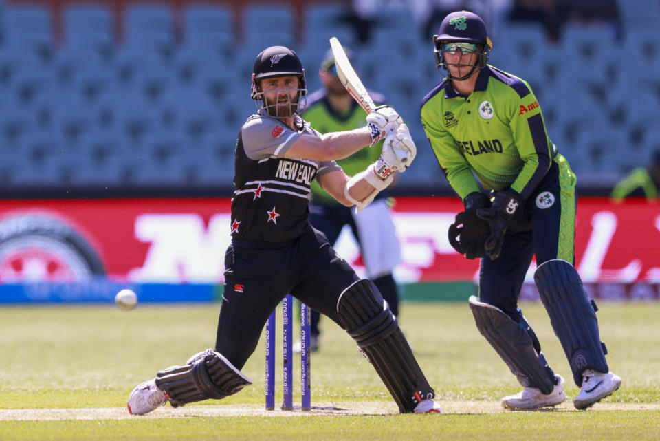 New Zealand's Kane Williamson bats during the T20 World Cup cricket match between New Zealand and Ireland in Adelaide, Australia, Friday, Nov. 4, 2022. (AP Photo/James Elsby)