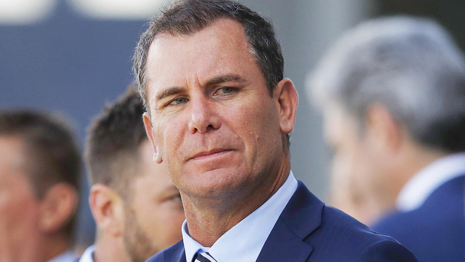 Wayne Carey is pictured looking on at the 2019 Cox Plate in Melbourne.