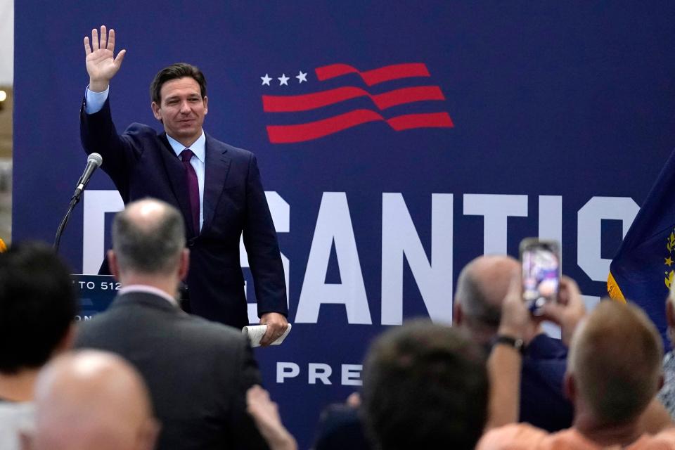 Republican presidential candidate Florida Gov. Ron DeSantis waves to guests during a campaign event, Monday, July 31, 2023, in Rochester, N.H. (AP Photo/Charles Krupa) ORG XMIT: NHCK104