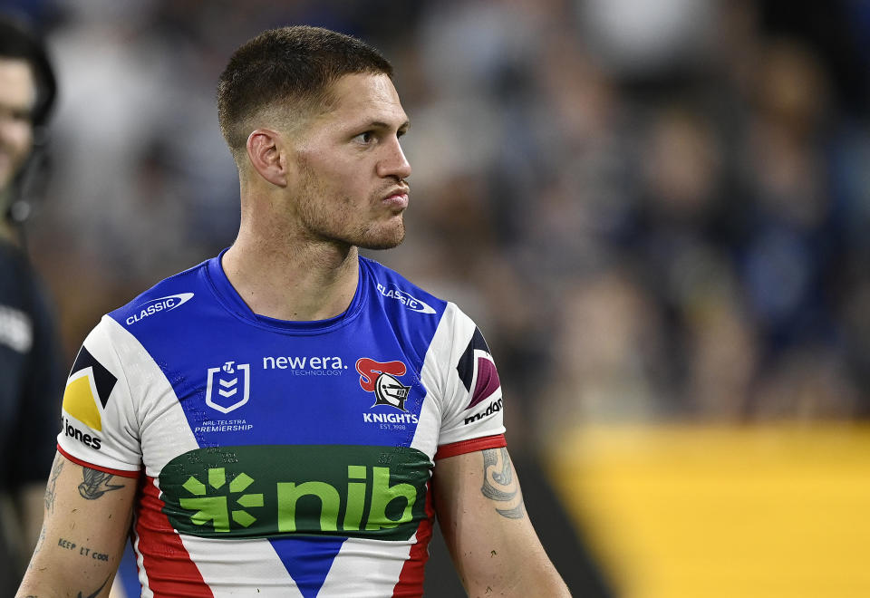 TOWNSVILLE, AUSTRALIA - SEPTEMBER 14: Kalyn Ponga of the Knights looks dejected after losing the NRL Qualifying Final match between North Queensland Cowboys and Newcastle Knights at Queensland Country Bank Stadium on September 14, 2024 in Townsville, Australia. (Photo by Ian Hitchcock/Getty Images)