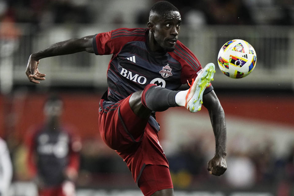 Toronto FC's Prince Osei Owusu controls the ball against the New England Revolution during second-half MLS soccer match action in Toronto, Saturday, April 20, 2024. (Frank Gunn/The Canadian Press via AP)