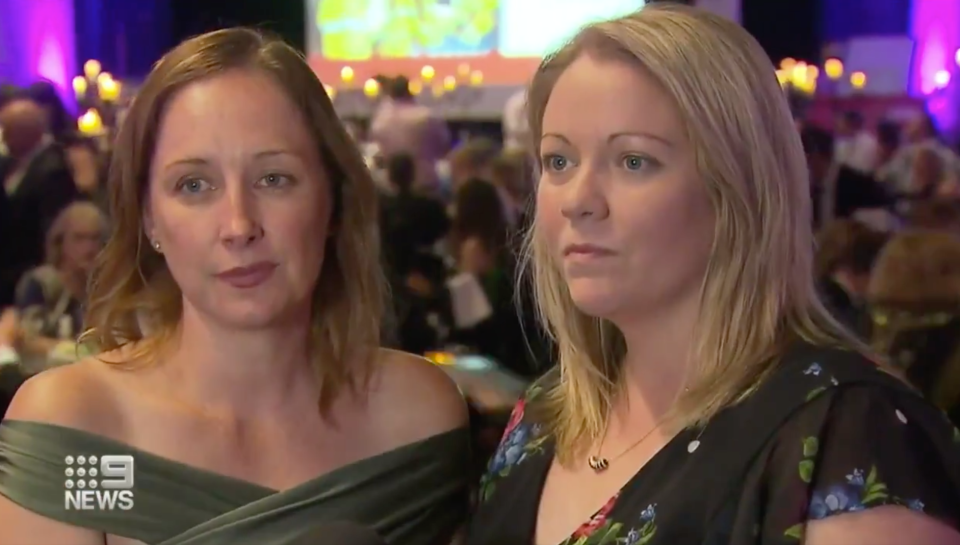 Melissa O'Dwyer (left) and Jess Hayes (right) attending a benefit dinner on Saturday after the death of their partners. Source: Nine News