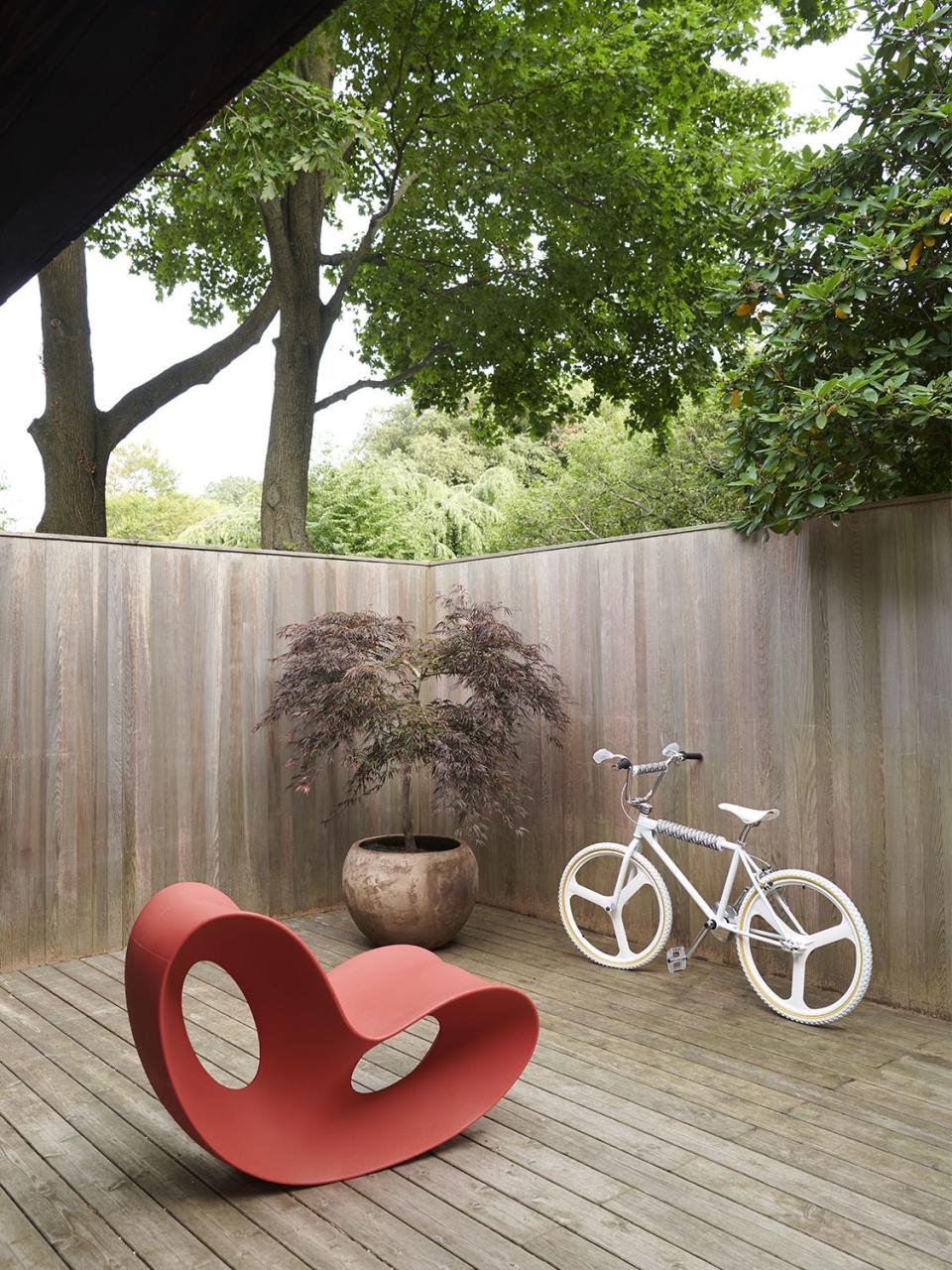 A Ron Arad rocking chair joins a Dior x Bogarde BMX bike on the south deck.