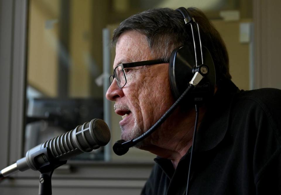 Charlotte Knights public address announcer Ken Conrad speaks during the team’s home opener against the Norfolk Tides on Tuesday, April 2, 2024 at Truist Field in Charlotte, NC. Conrad has been with the team for 23-years.