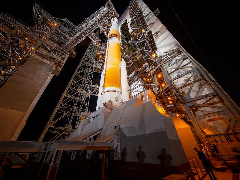 A Delta IV Medium sits at LC-37, Cape Canaveral, prior to launch. This photo is from the GPS III Magellan mission, which launched on August 22, 2019. This launch marked the 29th and final flight of the Delta IV Medium.