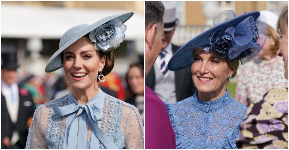 凱特王妃（左圖）和伯爵夫人蘇菲（右圖）的穿搭宛如複製貼上。（路透社）