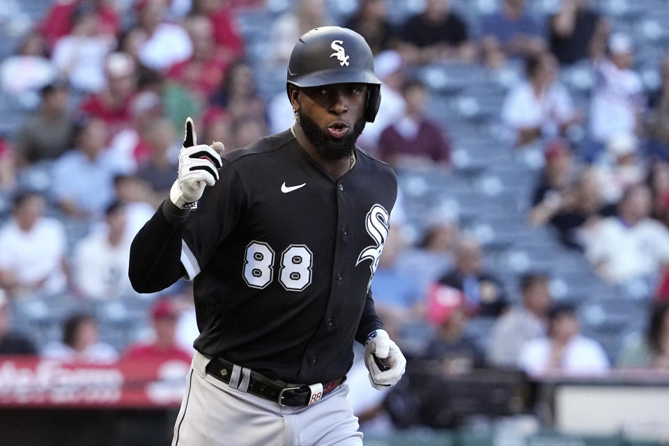 Chicago White Sox's Luis Robert Jr. gestures after hitting a two-run home run during the first inning of a baseball game against the Los Angeles Angels Wednesday, June 28, 2023, in Anaheim, Calif. (AP Photo/Mark J. Terrill)