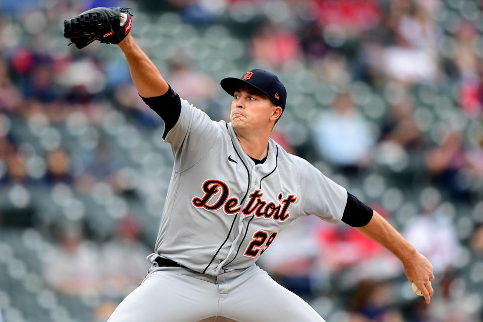 Tarik Skubal of the Detroit Tigers delivers a pitch in the first inning during a game against Cleveland at Progressive Field on April 10, 2021 in Cleveland, Ohio.