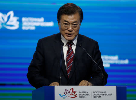 FILE PHOTO: South Korean President Moon Jae-in delivers a speech during a session of the Eastern Economic Forum in Vladivostok, Russia September 7, 2017. REUTERS/Sergei Karpukhin