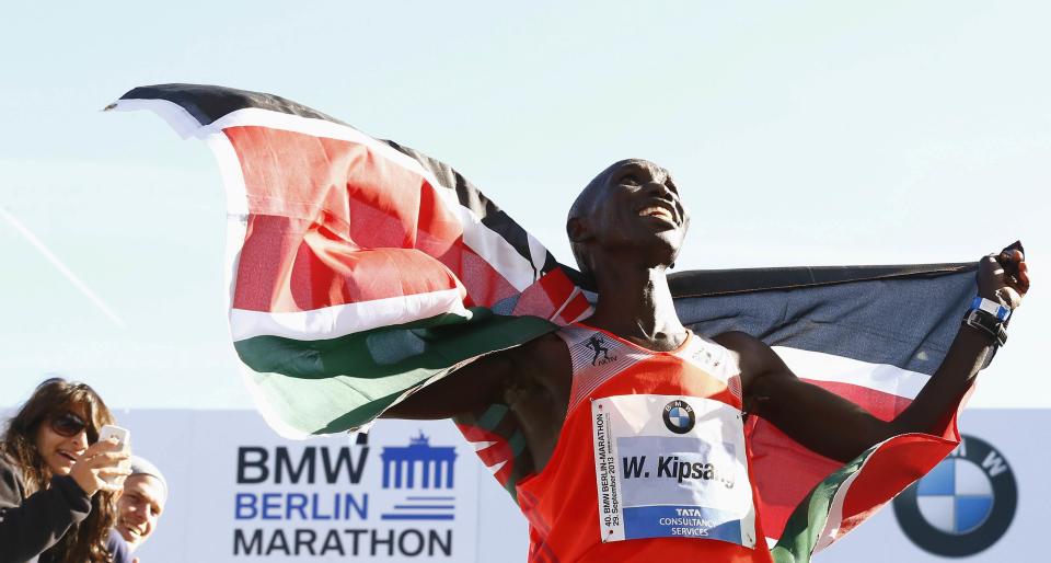 Kipsang of Kenya reacts after winning 40th Berlin marathon