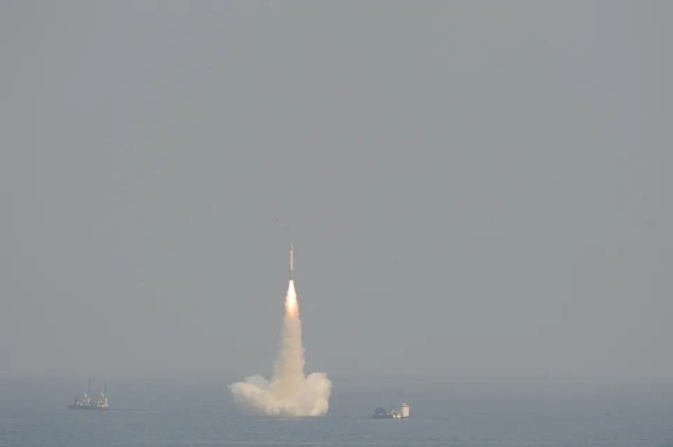 India tested its medium range Submarine Launched Ballistic Missile system, it was launched from a secret location in the Bay of Bengal from a depth of 50 meters. This nuclear capable missile will now be deployed on INS Arihant, India&#39;s locally made N-powered submarine. India became the fifth nation to have this potent technology by which it can stealthily hide its nuclear weapons deep in the ocean and strike at will. India calls these Weapons of Peace. It is an intelligent missile (Photo by Pallava Bagla/Corbis via Getty Images)