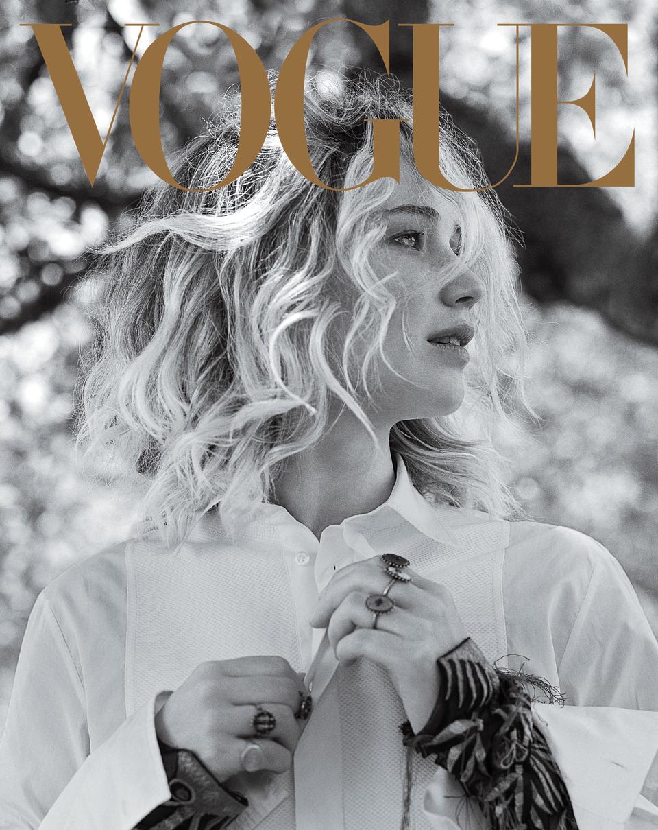 Jennifer Lawrence wearing a Dior shirt and rings with a Eli Halili engraved ring. (Photo: Bruce Weber for Vogue)