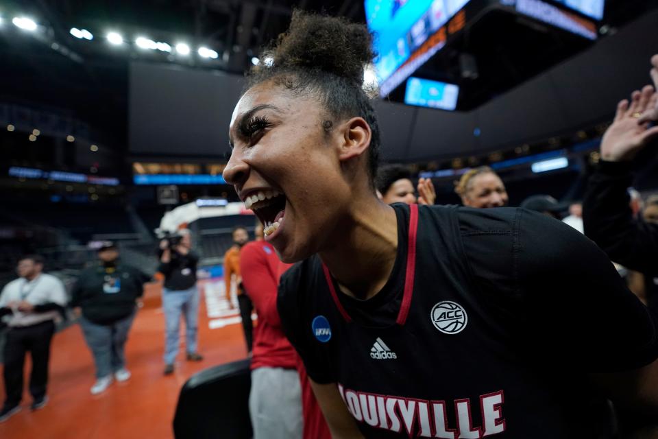 Louisville forward Nyla Harris celebrates after the team's win over Texas in a second-round college basketball game in the NCAA Tournament in Austin, Texas, Monday, March 20, 2023. (AP Photo/Eric Gay)