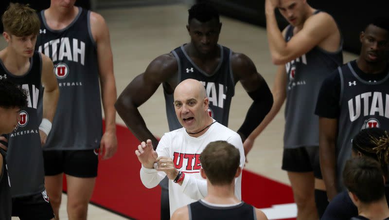 University of Utah head coach Craig Smith talks to players during practice at the Jon M. and Karen Huntsman Basketball Facility in Salt Lake City on Tuesday, Sept. 26, 2023.