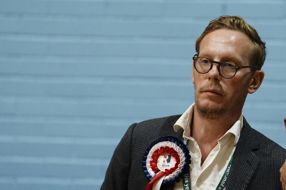 Laurence Fox of the Reclaim Party at Queensmead Sports Centre in South Ruislip, west London as ballots are counted in the Uxbridge and South Ruislip by-election, called following the resignation of former prime minister Boris Johnson. Picture date: Friday July 21, 2023. (Photo by Jordan Pettitt/PA Images via Getty Images)