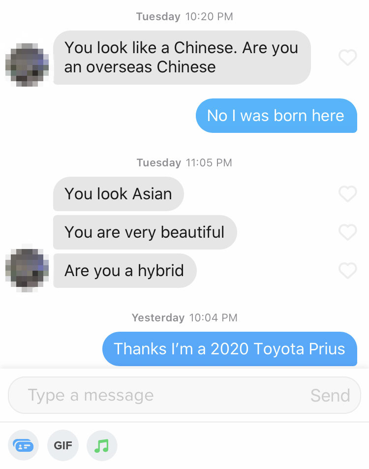 person asking asian woman if she "is a hybrid"