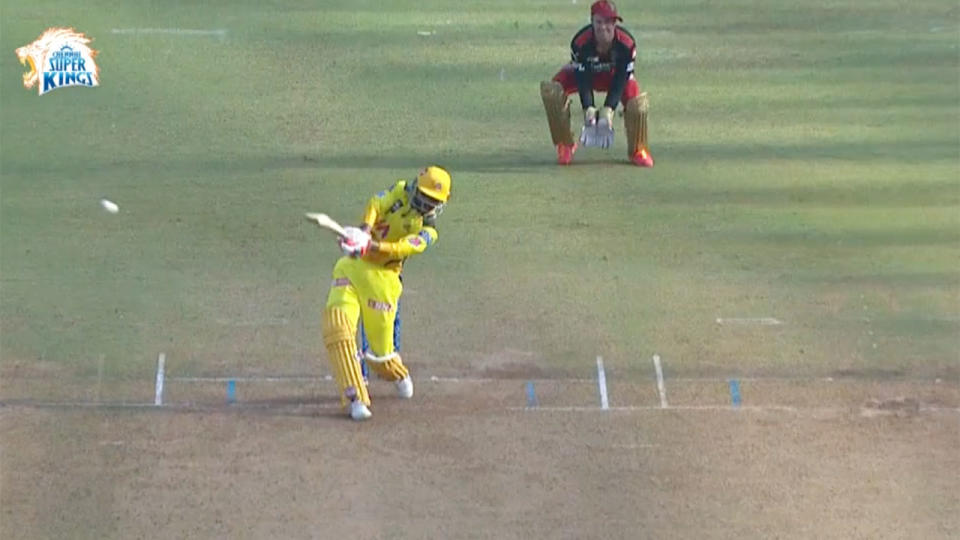 Seen here, Ravindra Jadeja belts a ball to the on-side boundary for Chennai.