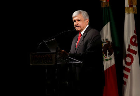 Andres Manuel Lopez Obrador delivers a speech after being sworn-in as presidential candidate of the National Regeneration Movement (MORENA) during the party's convention at a hotel in Mexico City, Mexico February 18, 2018. REUTERS/Henry Romero