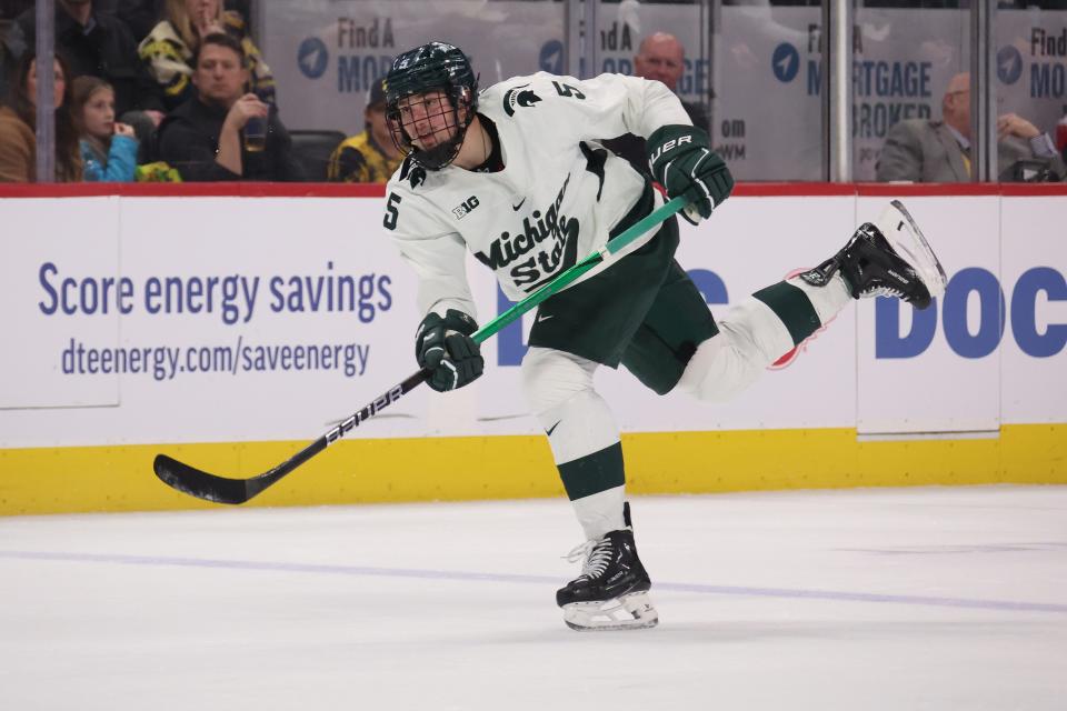DETROIT, MICHIGAN - FEBRUARY 10: Artyom Levshunov #5 of the Michigan State Spartans plays against the Michigan Wolverines at Little Caesars Arena on February 10, 2024 in Detroit, Michigan. (Photo by Gregory Shamus/Getty Images)