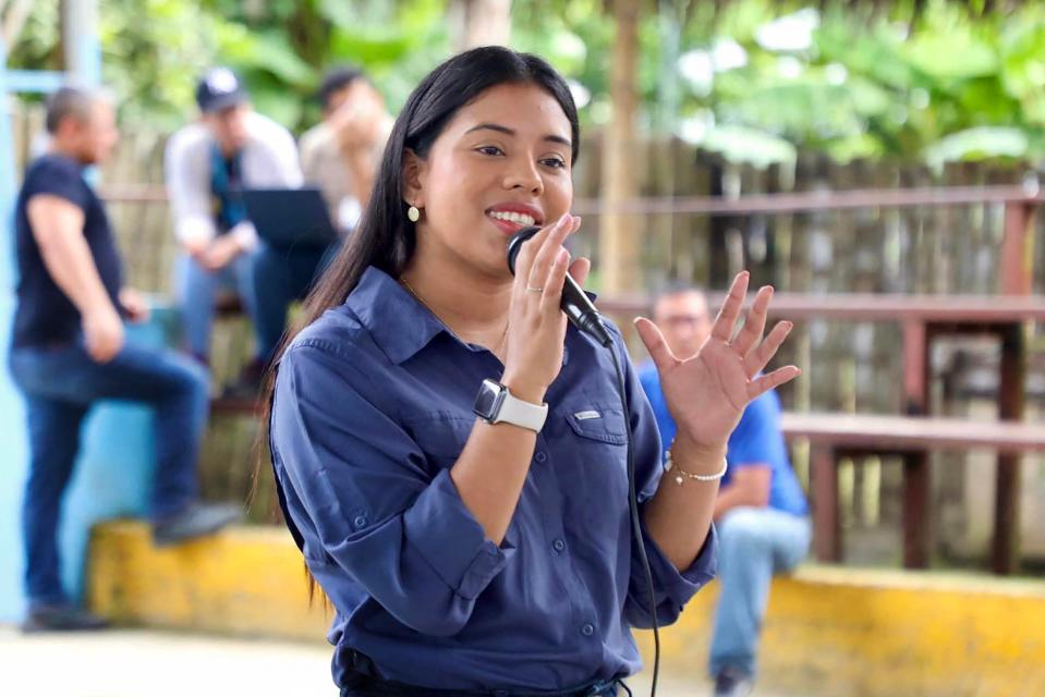 Handout picture released by the Mayor's Office of San Vicente taken on February 20, 2024, of the then mayoress of San Vicente Brigitte García, speaking during the delivery of agricultural implements in San Vicente, Manabi, Ecuador. The 27-year-old mayoress of coastal San Vicente was found shot to death on March 24, 2024, police said, as the South American country approaches its third month of a state of emergency decreed by the government to crack down on soaring gang violence.