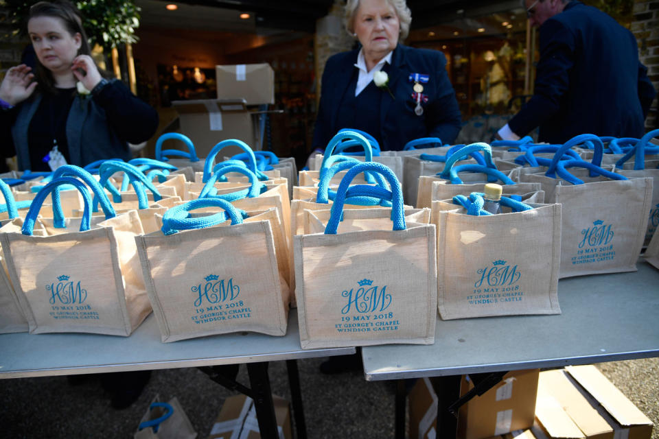 The monogrammed gift bags at Windsor Castle before the wedding of Prince Harry to Meghan Markle. Photo: Getty