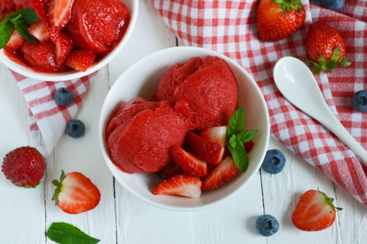 Cold, bright strawberry sorbet, berry ice cream