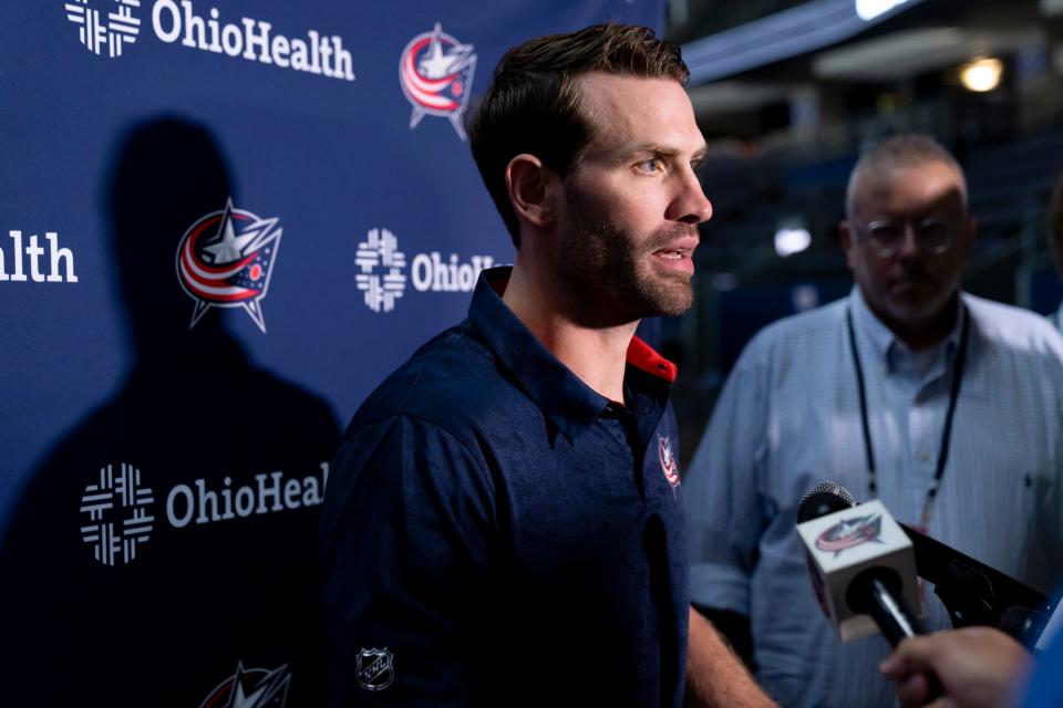 Blue Jackets captain Boone Jenner talks about Mike Babcock’s resignation and the hiring of new head coach Pascal Vincent during the media day prior to the start of training camp at Nationwide Arena.