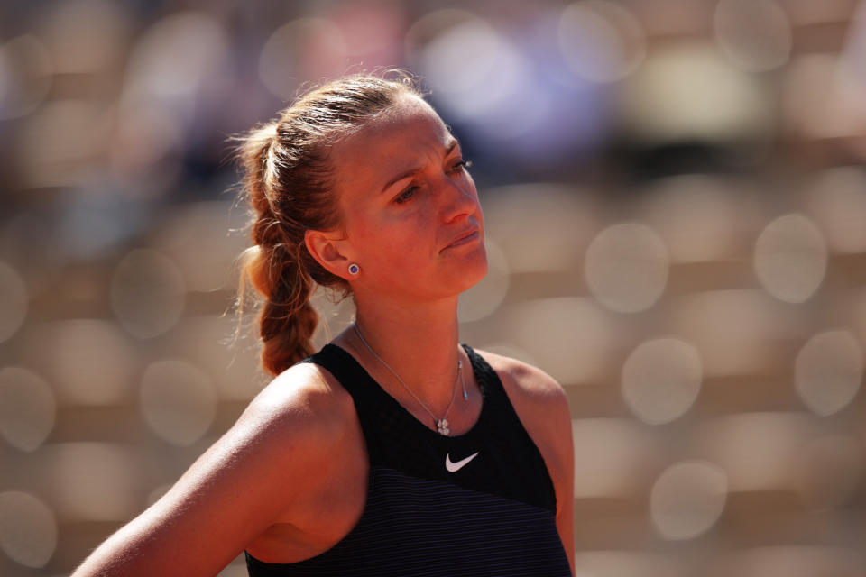 PARIS, FRANCE - MAY 30: Petra Kvitova of The Czech Republic reacts in her First Round match against Greet Minnen of Belgium during Day One of the 2021 French Open at Roland Garros on May 30, 2021 in Paris, France. (Photo by Adam Pretty/Getty Images)
