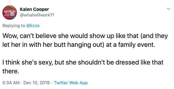 A screenshot of a tweet about Lizzo wearing a black dress that exposed her thong at a basketball game