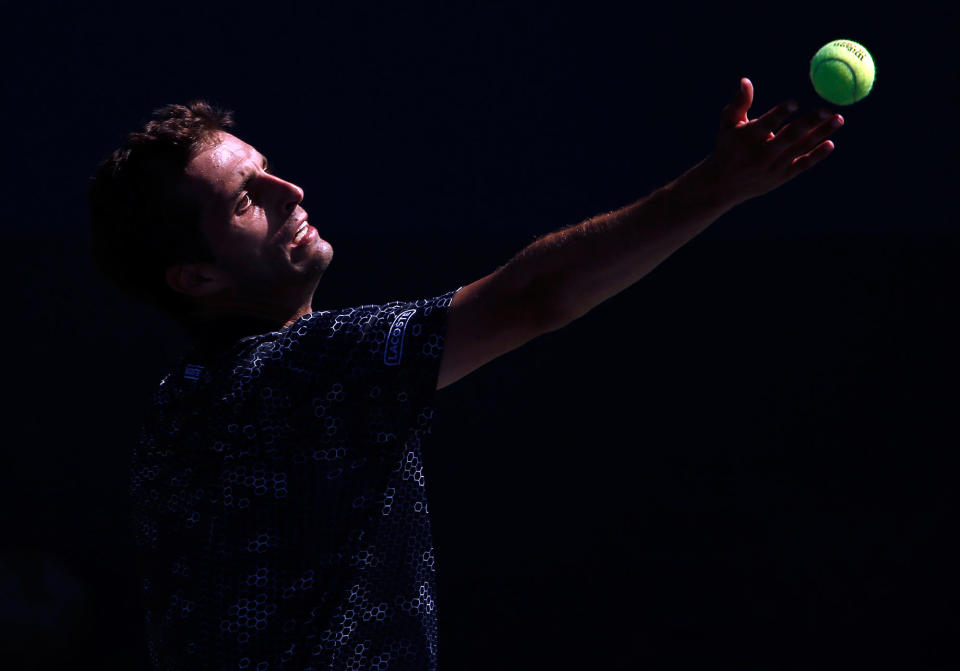 Albert Ramos-Vinolas serves at the U.S. Open tennis