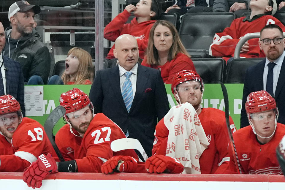 Detroit Red Wings head coach Derek Lalonde watches during the first period of an NHL hockey game against the Arizona Coyotes, Thursday, March 14, 2024, in Detroit. (AP Photo/Carlos Osorio)