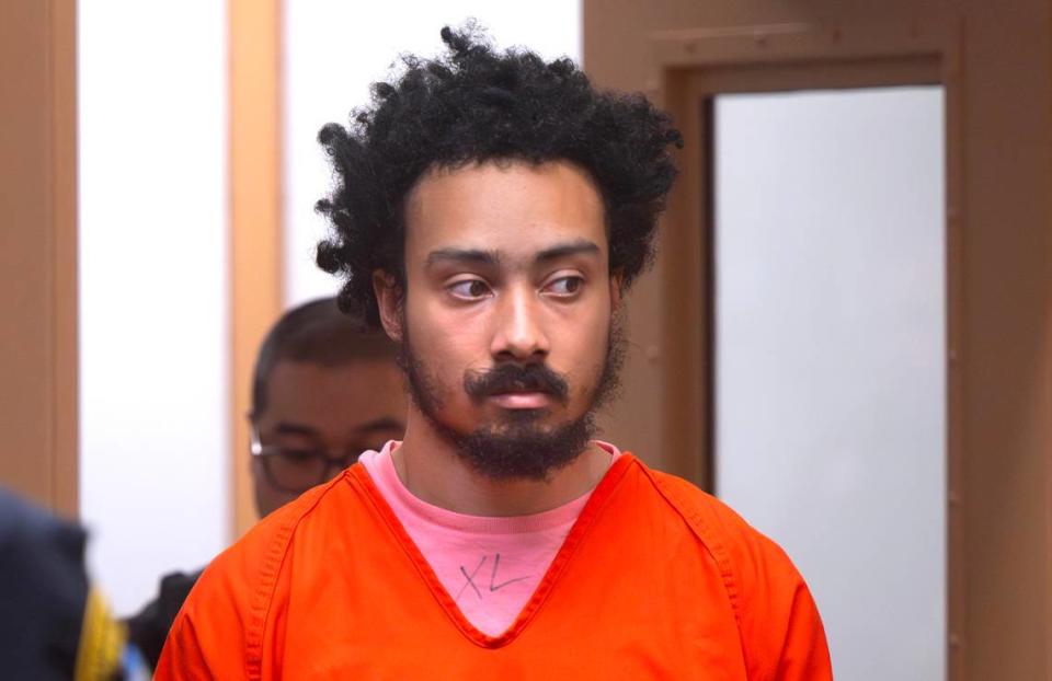 Accused Point Defiance Park stabber Nicholas Fitzgerald Matthew appears in Pierce County Superior Court in Tacoma, Washington, on Thursday, April 25, 2024. Matthew is charged with first-degree attempted murder in the stabbing of a woman walking in the park on Feb. 10.