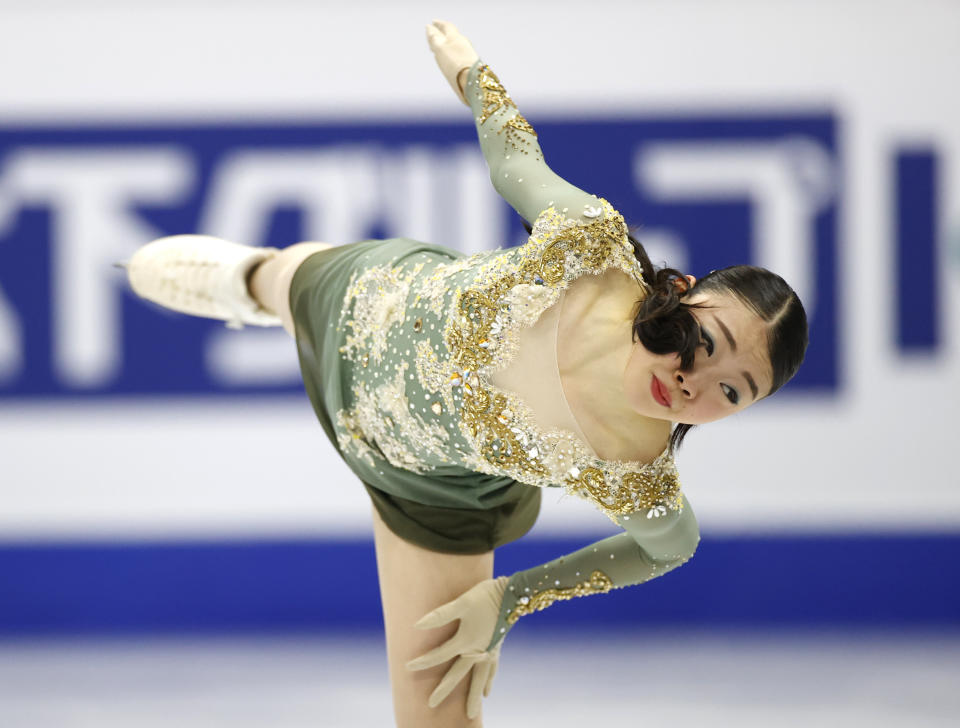 Japan's Rika Kihira performs during the ladies' single free skating competition in the ISU Four Continents Figure Skating Championships in Seoul, South Korea, Saturday, Feb. 8, 2020. (AP Photo/Lee Jin-man)