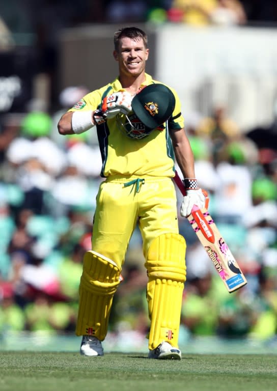 Australia's David Warner celebrates after scoring a century during an ODI match against Pakistan, in Sydney, in January 2017