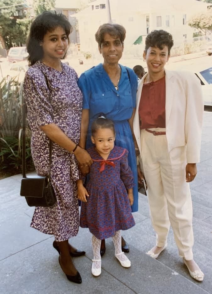 A young Meena Harris, with (from left) her mother Maya Harris, grandmother Shyamala Gopalan Harris, and aunt Kamala Harris